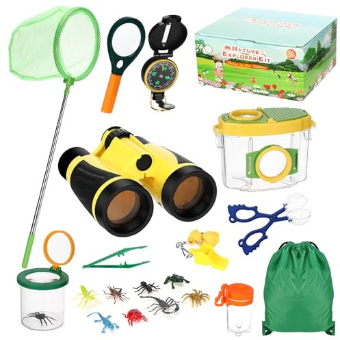 Quuylin Kit Explorador Niños,Juego de Explorador para Niños,Kit de Exploración para niños con Prismáticos,Binoculares,Insectos Simulados,Silbato,Brújula,Juego de Explorador Regalo para Niños de 3