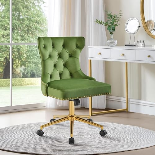 Yaheetech Velvet Office Desk Chair with Armless, Cute Modern Vanity Chair with Wheels/Gold Base, Adjustable Swivel for Home Office, Make-up, Green