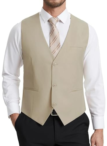 HISDERN Chaleco de Traje Hombre Beige Elegante Formal Clásico Color Liso Ajustable Chalecos Vestir Hombre con 3 Botones Bolsillo para Boda Ceremonias Fiesta Negocio Eventos Regular Fit S