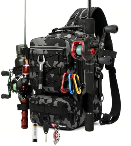 lrgnixs 45L Fishing Tackle Backpack with Rod Holder, Waterproof Multi-Pocket Fishing Bag for Organised Gear Storage, Lightweight Durable Fishing Rucksack for Camping, Hiking and Hunting