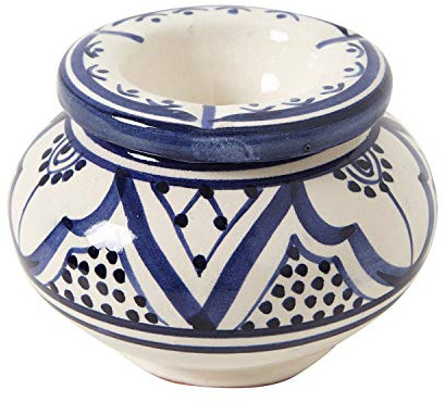 Casa Moro Cendrier marocain en céramique bleu/blanc avec couvercle Ø 12 cm | Cendrier coupe-vent peint à la main & fait main | Artisanat de Marrakech | KE5000