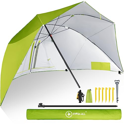 HOMECALL Ombrellone da spiaggia con finestra, design paravento, poliestere resistente ai raggi UV, verde