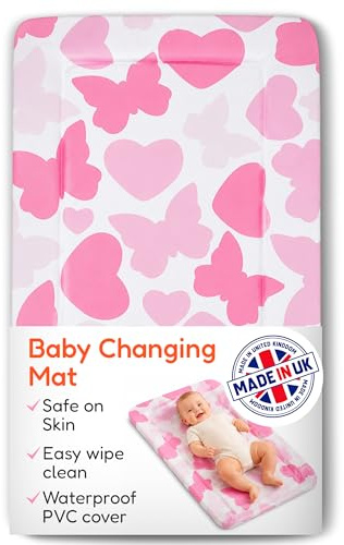 Babycurls Baby Changing Mat with Raised Foam Edges - Wipe Clean Waterproof PVC Nappy Changing Mat - Hypoallergenic Foam - UK Made Nursery Essential, Butterflies & Hearts, 76 x 45 cm Baby Pad