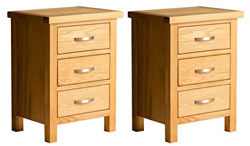 Set of 2 London Oak Bedside Table Storage Cabinet Units | Pair of Roseland Furniture Solid Wooden Side End Night Stands with 3 Drawers for Bedroom, Bathroom, Office | Fully Assembled, 56 x 42 x 32 cm
