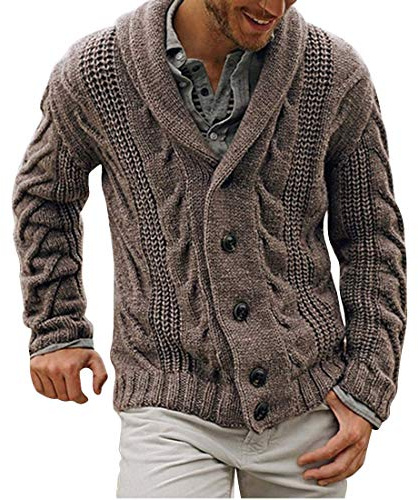 Yesgirl Gilet Homme Tricoté Pull avec Col Châle Cardigan Veste en Tricot avec Boutons Veste en Maille Chaud Hiver Sweatshirt Vintage Manteau Grosse Maille Blouson Vintage Marron L