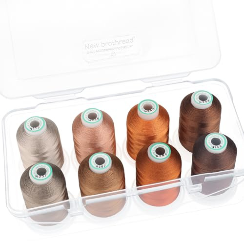 New brothread - 15 Options - 8 Bobines à Encliqueter de 1000m Chaque Polyester Machine Fil à broder avec Boîte de Stockage en Plastique Transparent pour Broderie & Matelassage - Different Brown