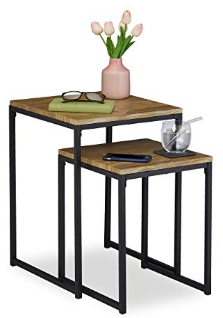 Relaxdays, stapelbar, Satztisch 2 Größen, quadratisch, Metall, Holzoptik/schwarz, Eisen, Beistelltisch 2er-Set im Industrie-Design