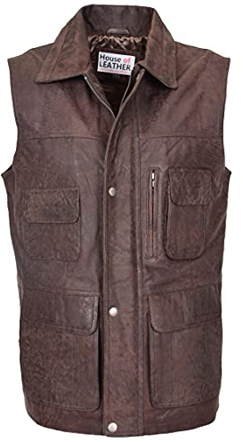Mens Real Leather Gilet Vest Multi Purpose Waistcoat Roger Brown (L)
