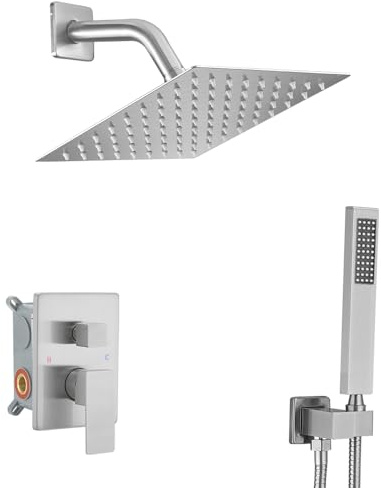 Heable Brushed Nickel Shower System with 8'' Rainfall Shower Head, Handheld Shower head, Bathroom Luxury Rain Mixer Shower Combo Set Wall Mounted Shower Faucet Rough-in Valve and Trim Kit