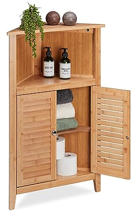 Relaxdays Eckschrank, Bambus, HxBxT: 92 x 58 x 30 cm, Badschrank mit 2 Lamellentüren, Eckkommode für Bad & Küche, Natur