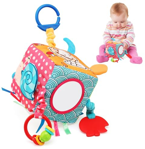 LinStyle Cubo Actividades Bebés y Niños,Juguete de Peluche Sonajero Montessori Sensoriales Educativos,Juguetes Colgantes para Bebés,Juguetes con Clip Pushchair,Regalo para Recién Nacido