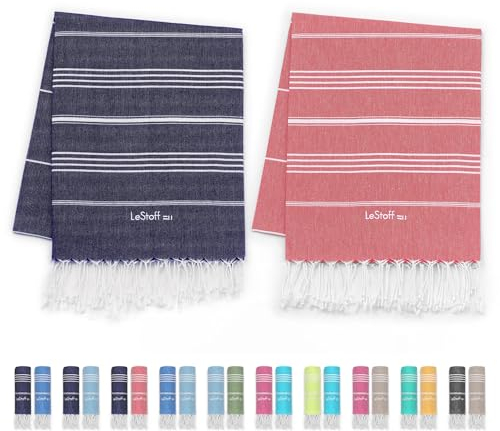 LeStoff 2er-Set Hamamtuch 95 x 180 cm - 100% Bio-Baumwolle, Vorgewaschen, Nachhaltig, Leicht, Saugstark & Schnelltrocknend, Reisehandtuch, Campinghandtuch, Badetuch, Saunatuch, Strandtuch (Navy + Red)