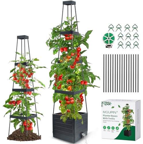 MQUPIN 145cm Tomaten Pflanzkästen, 1 Stück Hochbeet mit Rankgitter zum Klettern von Gemüse, Pflanzen, selbstbewässernde Pflanzkästen für den Außenbereich, verstellbare Rankenstütze