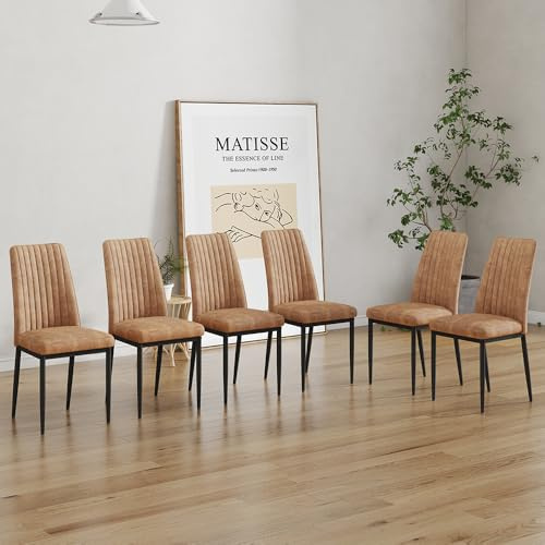 RDUEEI Brown Dining Chairs Set of 6, Comfortable Dining Room Chair, Metal Kitchen Chairs with Suede Fabric and High Back, Sillas para Comedor Set de 6 for Living Room (BR-6)