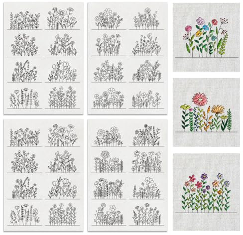 BENECREAT 4 hojas de 32 patrones de bordado solubles en agua, bordado de flores y crisantemos, rosas, estabilizadores de papel de transferencia para principiantes, costura a mano