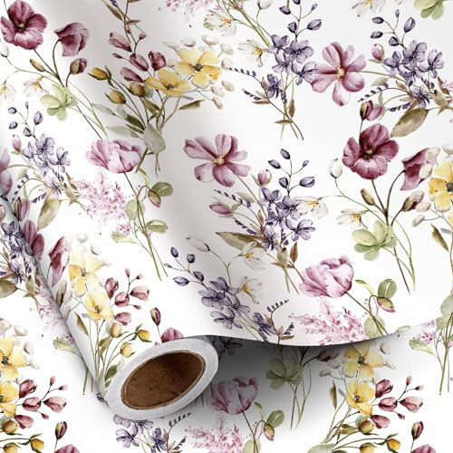 RUSPEPA Rouleau De Papier Cadeau Floral Pour Femmes Et Filles, Mini Rouleau, Papier Cadeau Aquarelle Fleurs Sauvages Et Feuilles Délicates - Pour Mariage, Anniversaire, Fête Des Mères, 43,2 Cm X 5 M