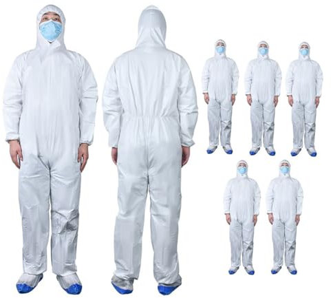 WWBDZSW Tuta Da Lavoro Protettiva Monouso,Tute Laboratorio,Abbigliamento Di Sicurezza Set, Indumenti Antipolvere Con Cappuccio,Unisex,Idrorepellente,Elastico A Polsi E Caviglie-5pcs 50g||180cm