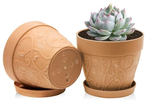 ZMTECH 17.5 cm Plant Pots with Saucers & Drainage Holes, 7 Inch Plastic Terracotta-Look Planter, Medium Flower Pot with Tray for Indoor Outdoor Peace Lily Herb House Plants (Set of 2)