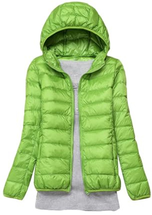 GOBIWM Piumino da donna, ripiegabile, trapuntato, con cappuccio, ultra leggero, giacca invernale corta con borsa per il trasporto, Verde, XL