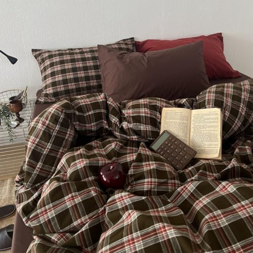 Sedefen Housse de Couette 200x200cm à Carreaux Rouge Vert Vichy Parure de Lit 2 Personnes Adulte Moderne Sets de Housse de Couettes en Microfibre Avez Fermeture Éclair et 2 Taies d'oreiller 65x65cm