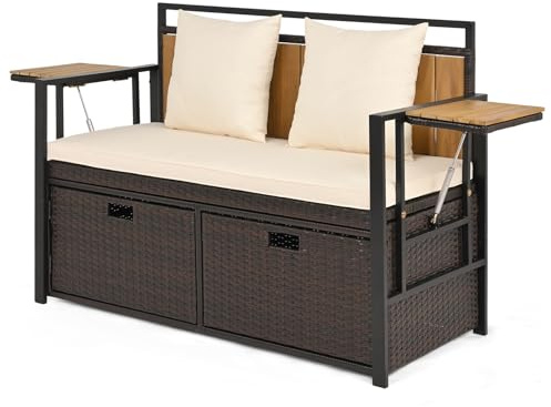 SOARS Divano da Giardino 2 Posti, Panchina da Esterno in Rattan PE con Contenitore, Cuscini Imbottiti e Tavolini Pieghevoli, Salotto da Giardino per Balcone e Terrazza, 120 x 51 x 82 cm (Bianco)