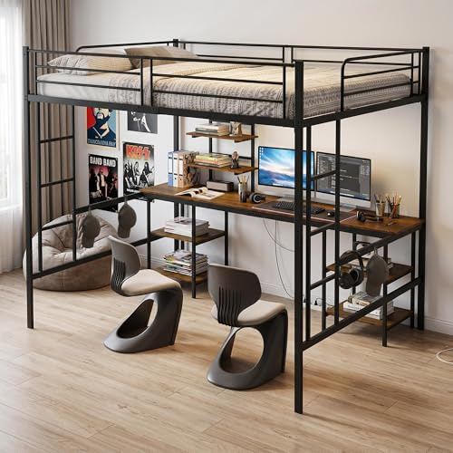 EGGREE Cama Alta de Metal 140 x 200 cm con Escritorio y Estanterías, Negra