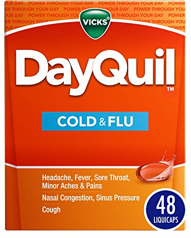 Vicks DayQuil Cold & Flu Medicine, Non-Drowsy Powerful Multi-Symptom Daytime Relief for Headache, Fever, Sore Throat, Minor Aches and Pains, Nasal Congestion, Sinus Pressure and Cough, 48 Liquicaps