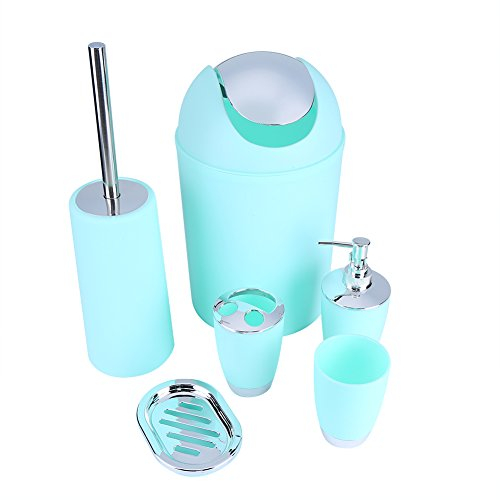 6 Stücke Badset Badezimmer Zubehör Set, Badezimmer Zubehör Set mit Tasse Zahnbürstenhalter Suppenhalter Händedesinfektionsflasche Mülleimer Toilettenbürste (Turkis)