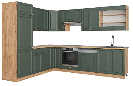 Vicco Eckküche Fame-Line, Grün-Gold Landhaus/Goldkraft Eiche, 227 x 287 cm ohne Arbeitsplatte