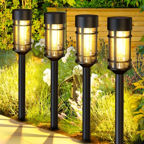 ILANCK Solar Lights Outdoor Waterproof, 8 Pack 21 Solar Pathway Lights with Metal & Glass, Auto On/Off Garden Lights for Yard, Landscape, Driveway Walkway