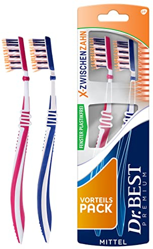 Dr.BEST Cepillo de dientes intermedio en X en paquete doble, mediano (2 unidades) para una mejor limpieza interdental* *En pruebas de laboratorio en comparación con un cepillo de dientes de corte