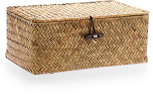 OLegei Panier de rangement en osier panier avec couvercle panier pour étagère boîte de rangement organisateur de table (caramel, 26 x 16 x 10cm)