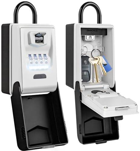 ENONEO Portable Key Safe with Shackle, Outdoor Light Up Key Lock Box Waterproof High Secure Key Safe Large Combination Key Storage LockBox for Keys Home Office Garage School