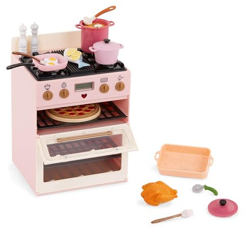 Our Generation Make & Bake Stove Playset - 25-pc Double Oven Kitchen Playset for 18-inch Dolls, Miniature Stove Toy, Kitchen Accessory Set for Fashion Dolls, Realistic, Cooking Sounds, For Ages 3+