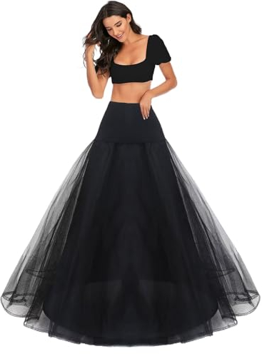 A-Linie Unterrock Reifrock Petticoat Crinoline Full Slips Brautkleid Krinoline Unterröcke Hochzeit Rock Kleid Kleidung Kostüm a line Underskirt Bodenlang Elastisch Taille Weiß Schwarz(Schwarz,44)