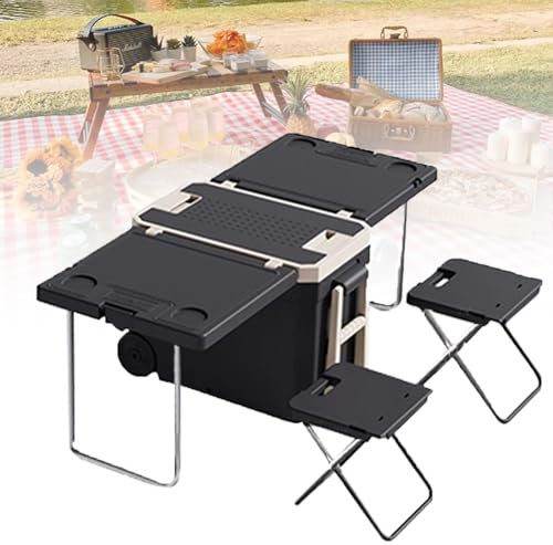 Rolling Cooler Folding Utility Cart on Wheels - Portable Table Chairs for Picnic Camping Outdoor - No Electricity or Compressor -