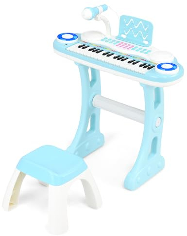 KOMFOTTEU Piano électronique pour enfant à 37 touches avec effets de lumière et microphone réglable - Clavier de piano avec tabouret, clavier 8 rythmes/sons pour enfants de 3 ans et plus - Bleu