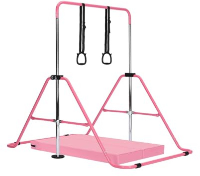 Gymnastics Bar with Mat, Adjustable Kids Gymnastics Equipment for Home, Training Kip Bar with Non-Slip Base, 5 Height Levels 31.5-51.2, Gym Bars for Children, Easy Assembly Design (With Mat, Pink)