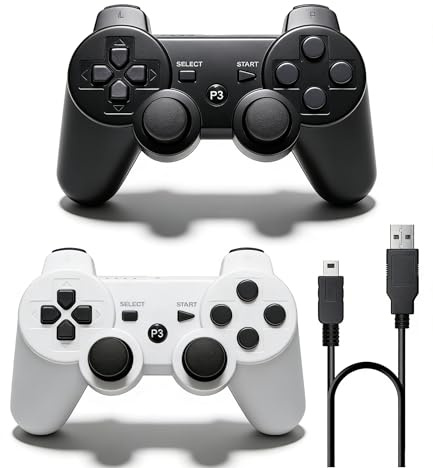 PS-3 Controller 2 Pack, Dual Shock 3 Wireless Gamepad Joystick for PlayStation 3, Compatible with PS-3 Console, Ergonomic Design, Rechargeable Battery, Vibration Feedback - 2 Controllers in Set