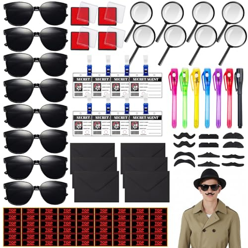 WOOWAIR 118 Pièces Kit Détective, Détective Piñata Anniversaire, Kit Espion avec Lunettes, Loupe, Stylo, Carte d'Identité avec Clip, Enveloppe, Autocollants, Moustache, Tampon Encreur