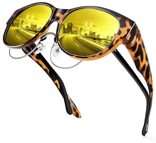 URUMQI Night Vision Driving Glasses Fit Over Eyeglasses for Women Cat Eye, Anti Glare Polarized Nighttime Glasses Yellow Lens