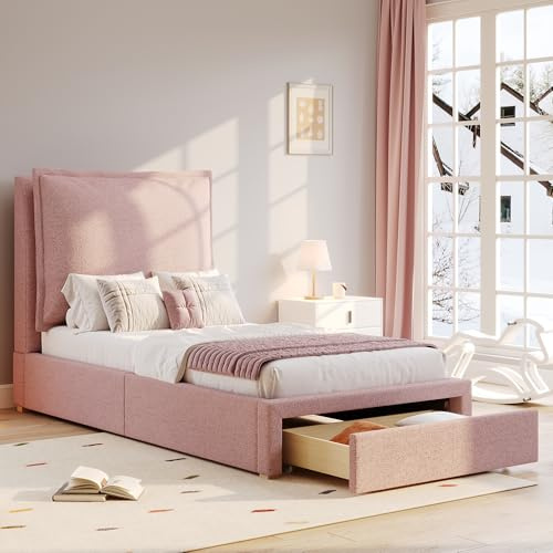 LAKFEW Cama Tapizada Cama Individual Infantil 90x200 cm con Cabecero Tapizado y Cajón Almacenaje, Camas Juveniles Cama 90 con Listones de Madera, Camas Individuales, Chenilla, Rosa, Sin Colchón