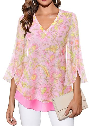Timeson 3/4 Length Sleeve Womens Tops: Flattering Chiffon Wrinkle Free Business Attire - Blouses for Women Casual - Women's Spring Tops Ladies Dressy Tunic Outfits Formal Pretty Wedding Shirts Cruise