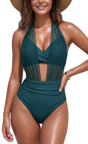 SHEKINI Womens High Waisted Bikini Sets Mesh Halter Tummy Control Swimsuit