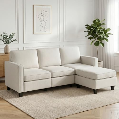 HIPIHOM Sofá de 3 plazas beige con taburete, moderno sofá en forma de L con reposapiés móvil, cómodo sofá esquinero con acolchado de espuma para salón, dormitorio, oficina y espacios pequeños