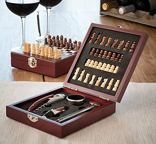 Innovagoods Juego de accesorios para vino con juego de ajedrez, tapón de vino, anillo antigoteo, termómetro de vino, sacacorchos con cortador de papel y abrebotellas, 32 figuras de ajedrez
