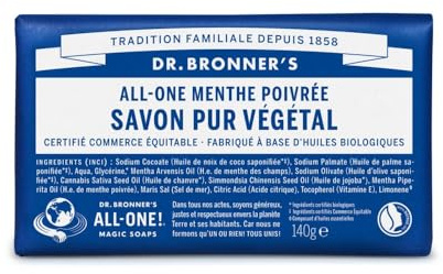 Dr Bronner's Pain de savon senteur menthe poivrée 140 g Savon solide 100% naturel, bio et vegan sans parfum