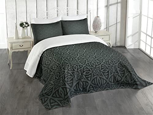 ABAKUHAUS Dunkelgrau Tagesdecke Set, Folk Celtic Floral, Set mit Kissenbezügen Kein verblassen, für Doppelbetten 264 x 220 cm, Grauen Schwarz