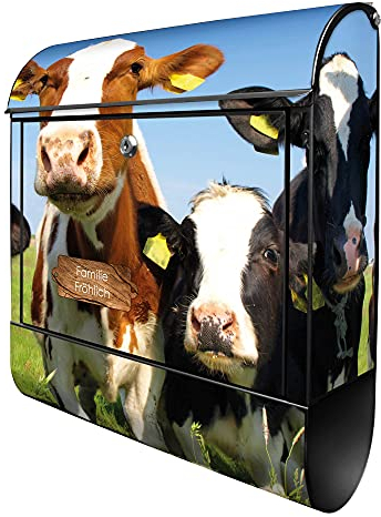 banjado® Design Briefkasten personalisiert Kühe 38,5x46,5x13cm & 2 Schlüssel - Briefkasten Stahl schwarz Zeitungsfach pulverbeschichtet - Postkasten A4 Einwurf inkl. Montagematerial