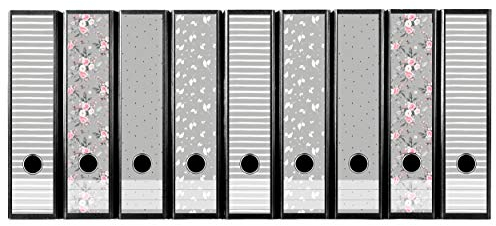 codiarts. Ordnerrücken selbstklebend | Etiketten Set für 9 breite Ordner | gestantzt mit Griffloch | Rückenschild breit | floraler Mix - grau